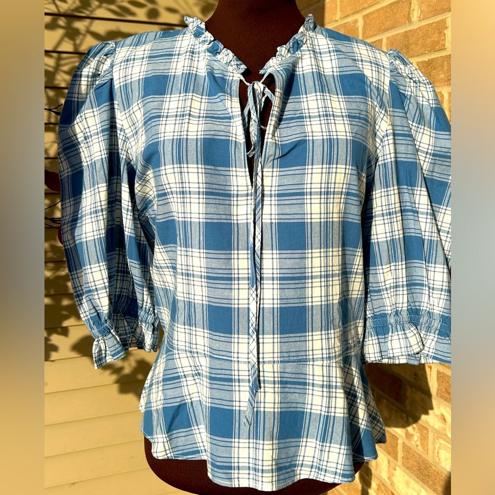 NWT POLO Ralph Lauren s16 Plaid peplum top French blue-puff slv-tie neck-sidezip